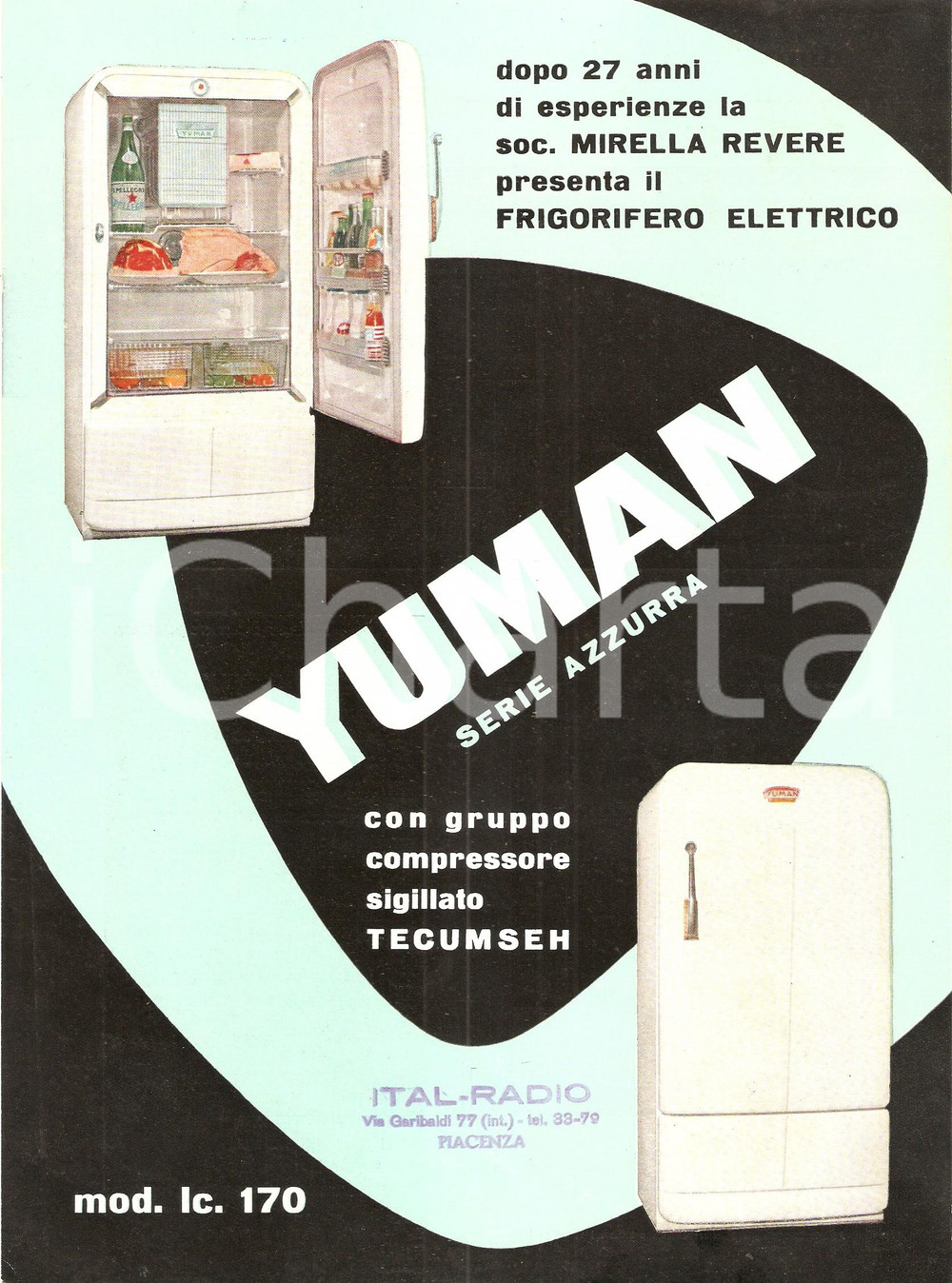 Materiale pubblicitario d’epoca 1954 YUMAN Frigoriferi serie azzurra Compressore TECUMSEH Volantino 1