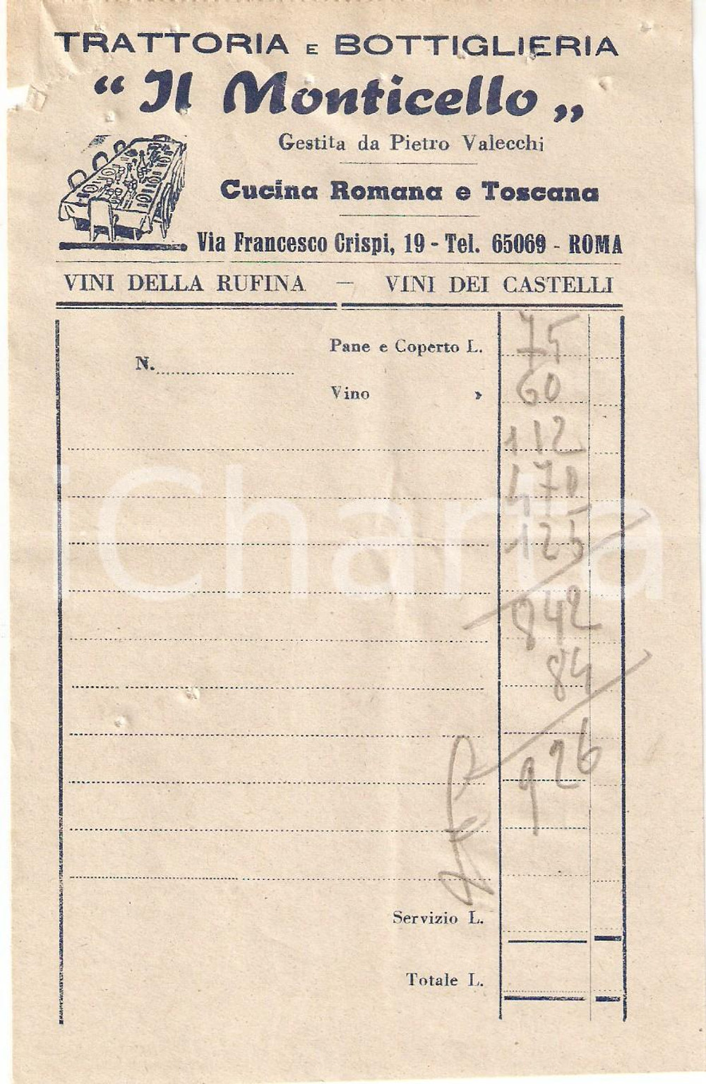 Materiale pubblicitario d’epoca 1950 ca ROMA Trattoria Bottiglieria IL MONTICELLO Vini dei Castelli Ricevuta 1