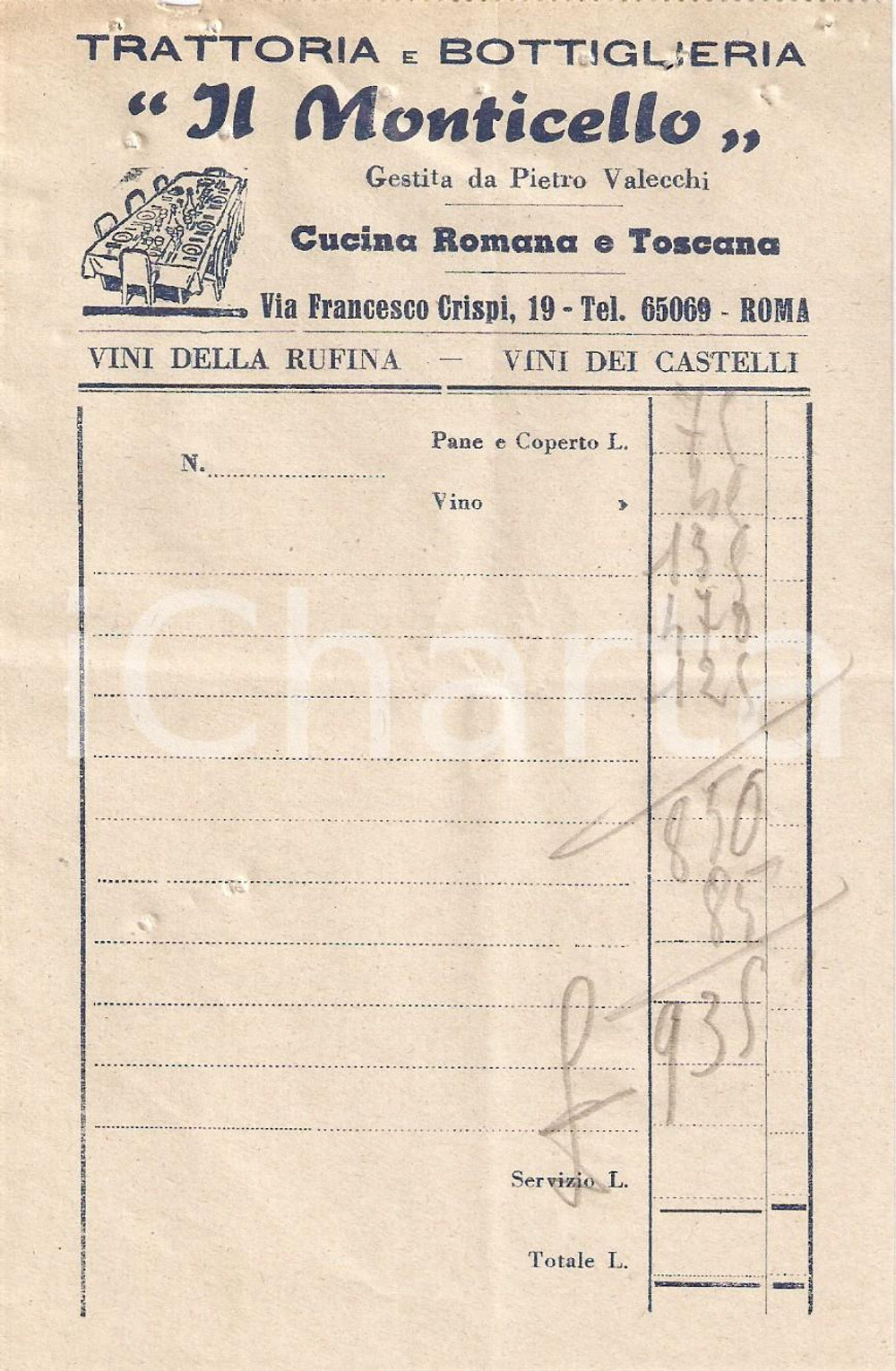 Materiale pubblicitario d’epoca 1950 ca ROMA Trattoria Bottiglieria IL MONTICELLO Vini dei Castelli Ricevuta 1