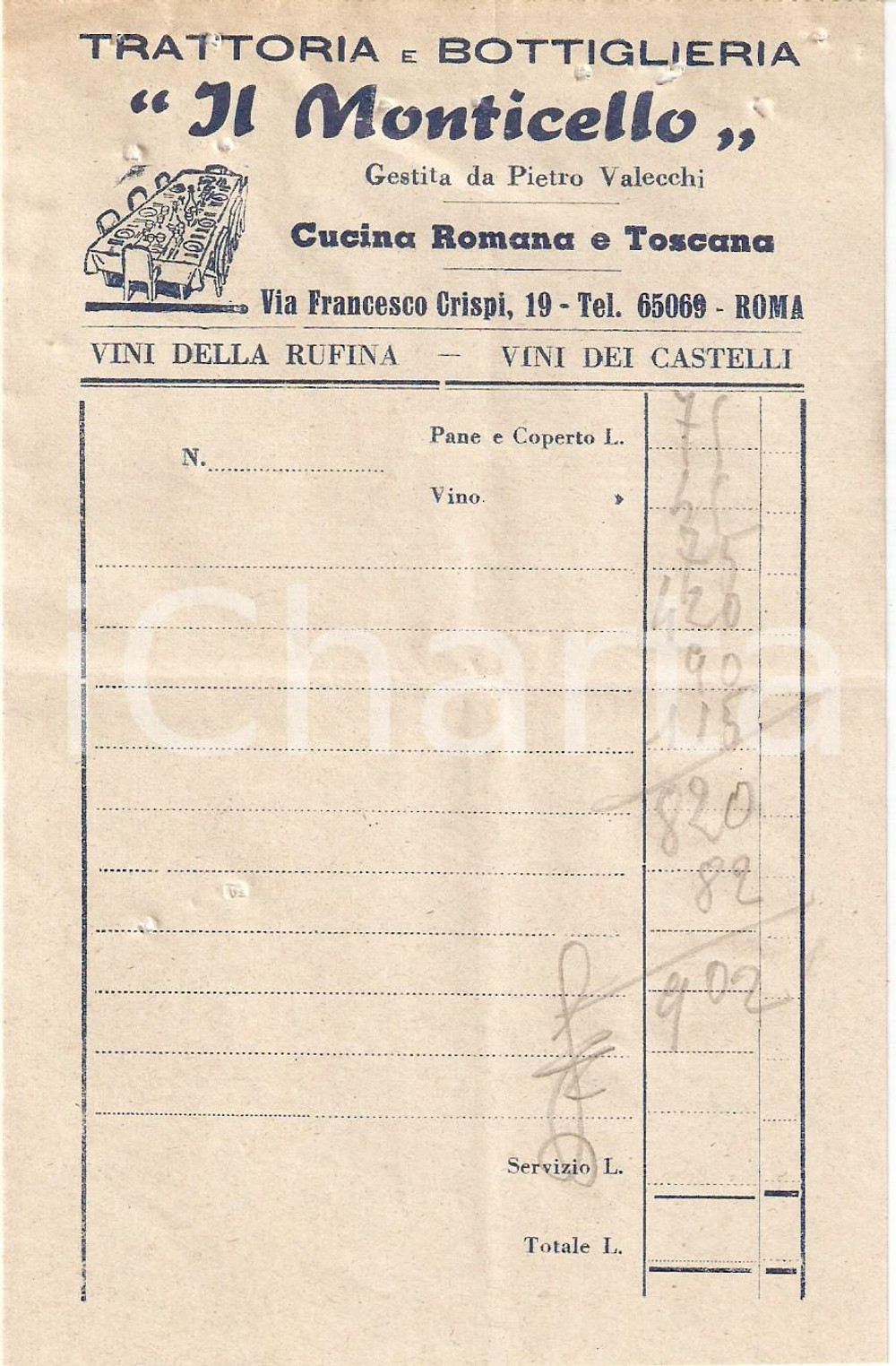 Materiale pubblicitario d’epoca 1950 ca ROMA Trattoria Bottiglieria IL MONTICELLO Vini dei Castelli Ricevuta 1