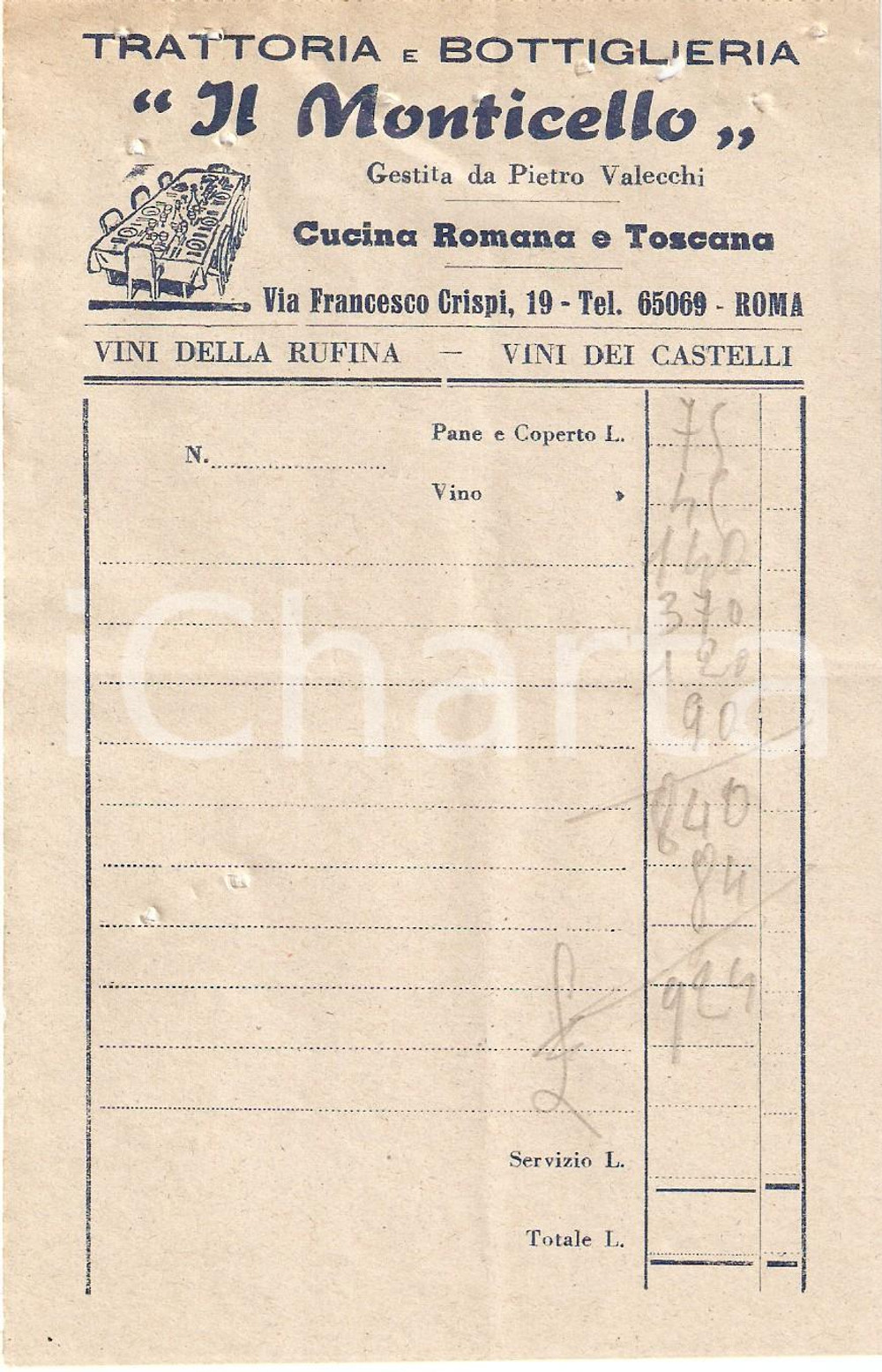 Materiale pubblicitario d’epoca 1950 ca ROMA Trattoria Bottiglieria IL MONTICELLO Vini dei Castelli Ricevuta 1