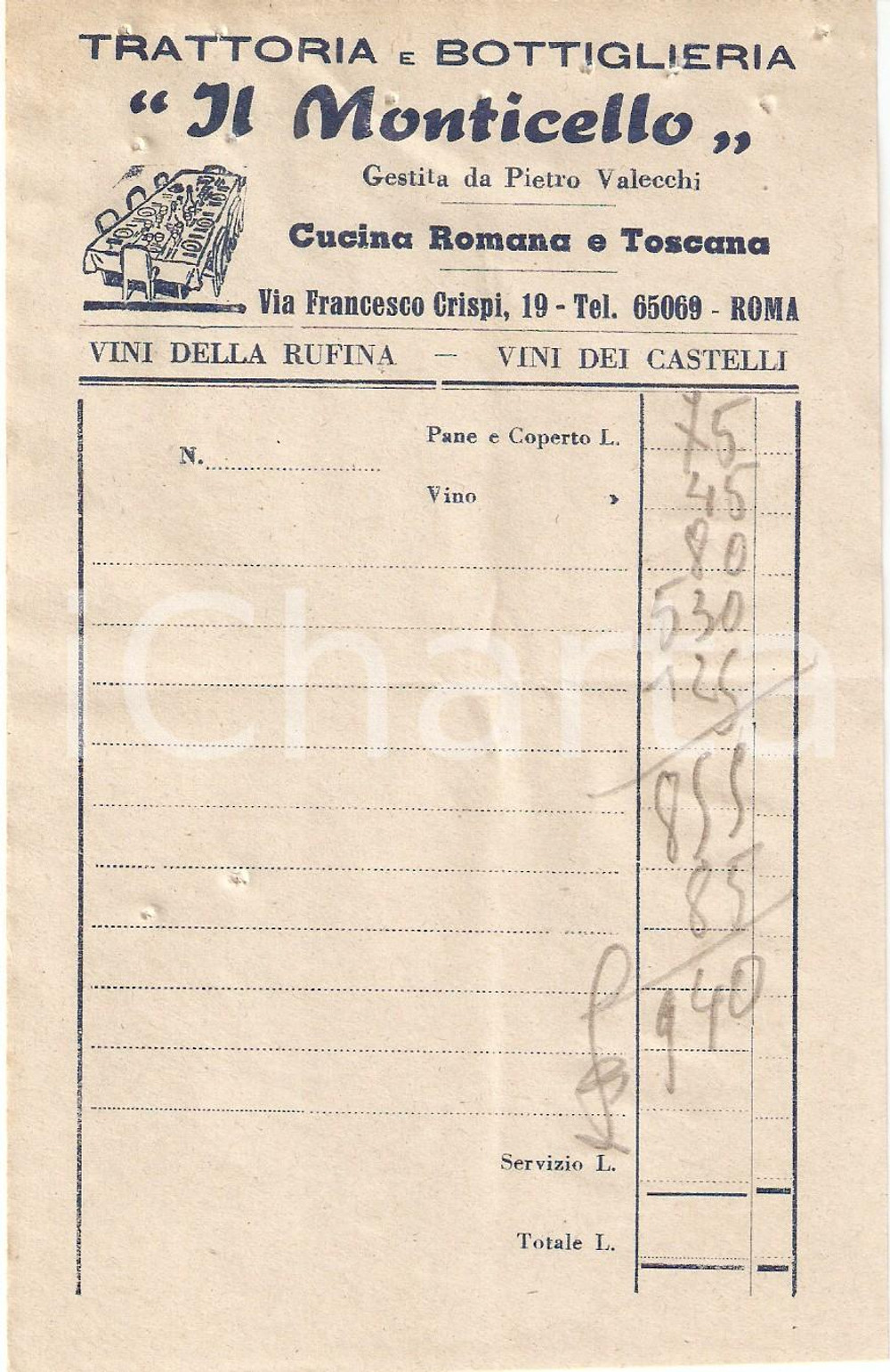 Materiale pubblicitario d’epoca 1950 ca ROMA Trattoria Bottiglieria IL MONTICELLO Vini dei Castelli Ricevuta 1