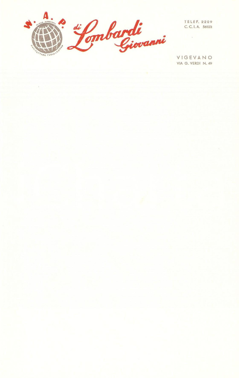 Materiale pubblicitario d’epoca 1965 ca VIGEVANO Manifattura cuoio WAP di Giovanni LOMBARDI Carta intestata 1