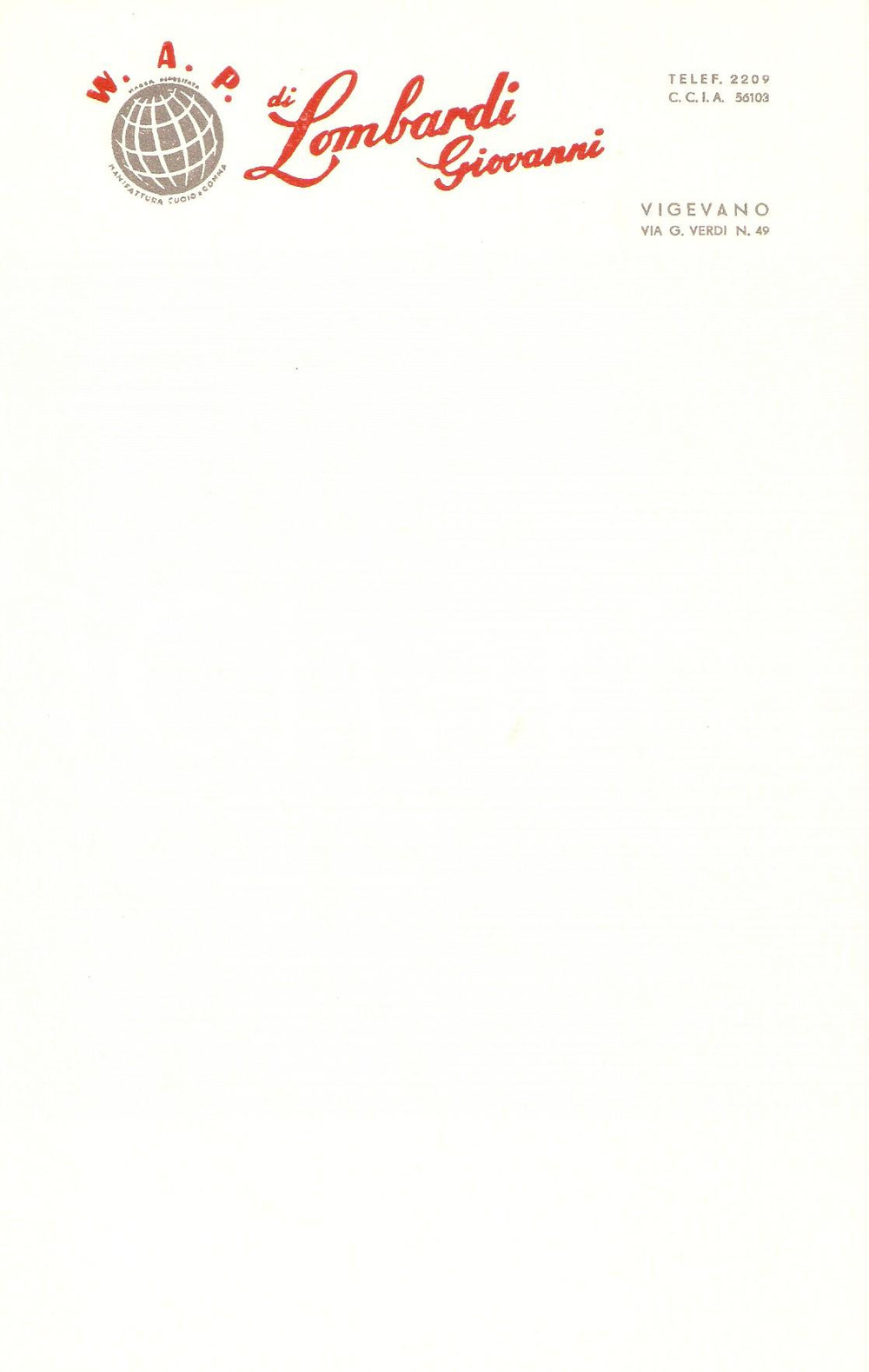 Materiale pubblicitario d’epoca 1965 ca VIGEVANO Manifattura cuoio WAP di Giovanni LOMBARDI Carta intestata 1