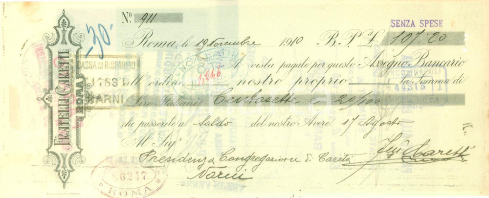 Documento originale, autentico 1910 ROMA Ditta Fratelli CARETTI Assegno bancario pubblicitario 1