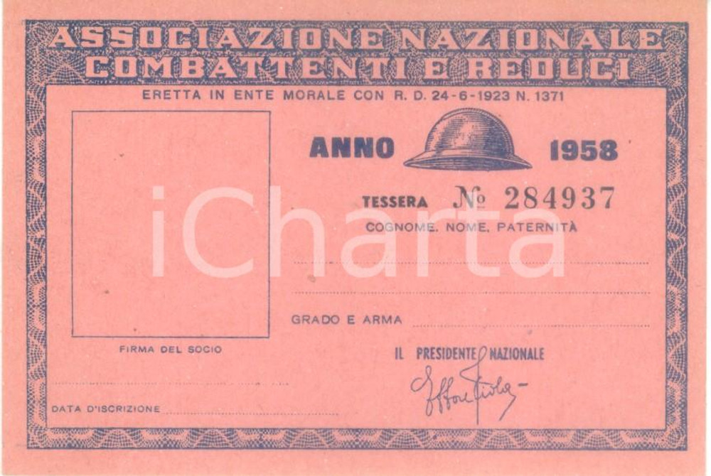 Oggetto da collezione cartaceo 1958 COLLESCIPOLI Associazione Nazionale Combattenti Tessera non compilata 1