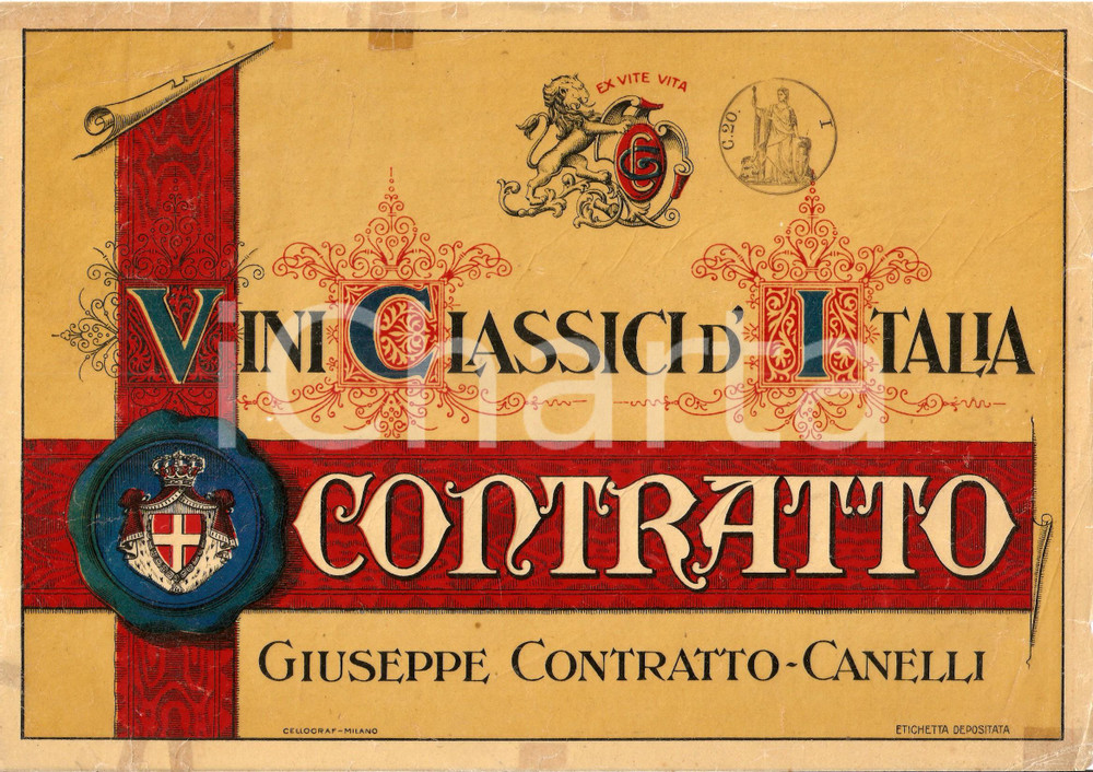 Materiale pubblicitario d’epoca 1930 ca CANELLI AT Vini classici d Italia CONTRATTO Vetrofania ILLUSTRATA 1