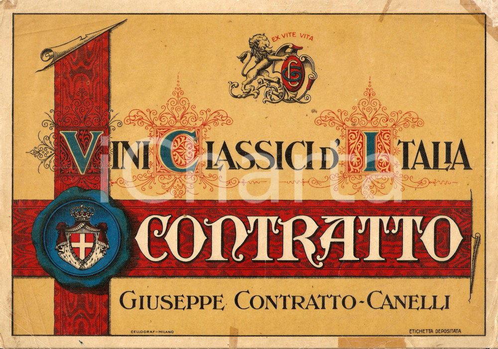Materiale pubblicitario d’epoca 1930 ca CANELLI AT Vini classici d Italia CONTRATTO Vetrofania ILLUSTRATA 1