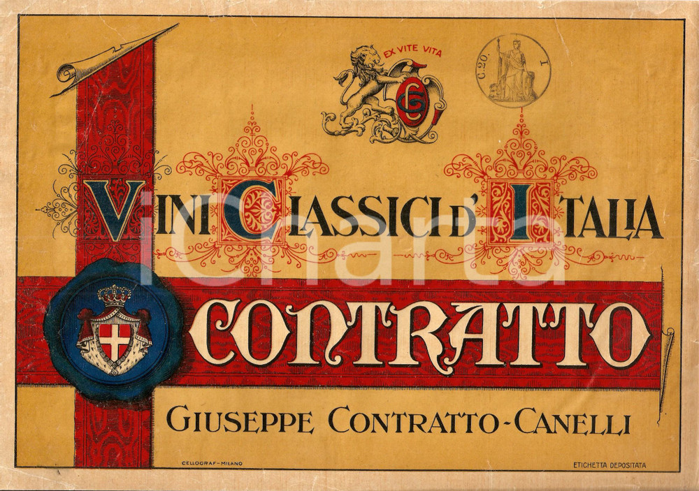 Materiale pubblicitario d’epoca 1930 ca CANELLI AT Vini classici d Italia CONTRATTO Vetrofania ILLUSTRATA 1