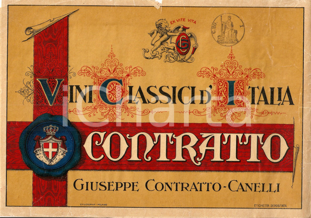 Materiale pubblicitario d’epoca 1930 ca CANELLI AT Vini classici d Italia CONTRATTO Vetrofania ILLUSTRATA 1