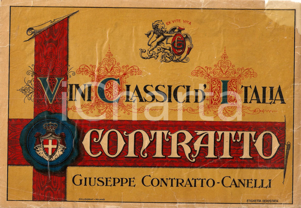Materiale pubblicitario d’epoca 1930 ca CANELLI AT Vini classici d Italia CONTRATTO Vetrofania ILLUSTRATA 1