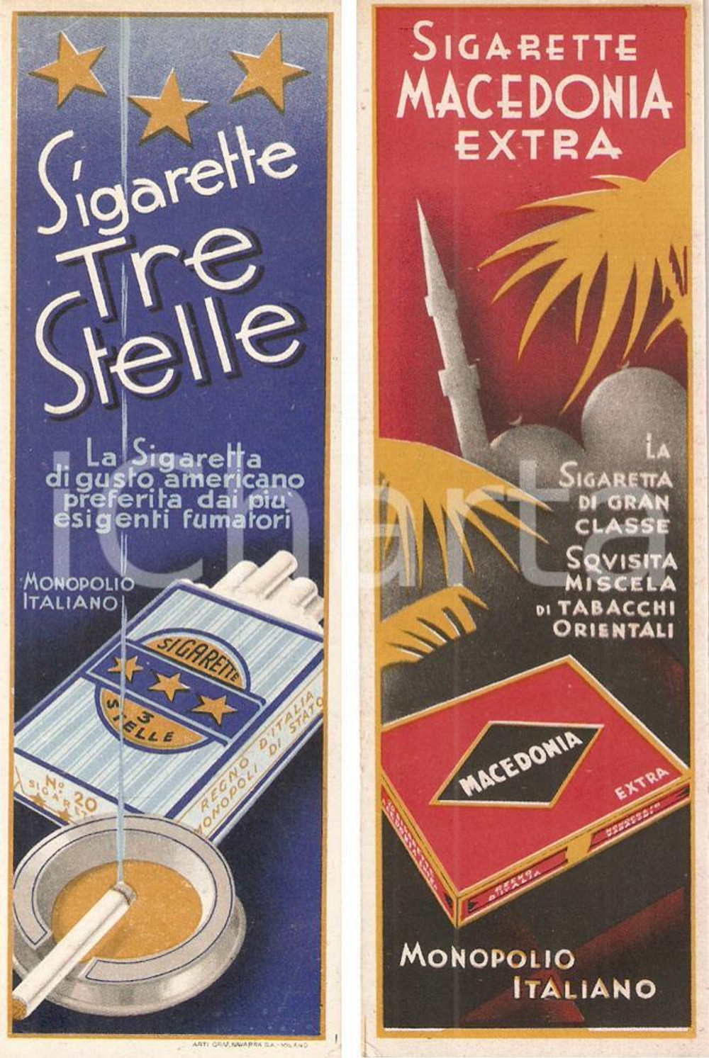 Oggetto da collezione cartaceo 1940 ca Sigarette coloniali TRE STELLE MACEDONIA EXTRA Segnalibro 1