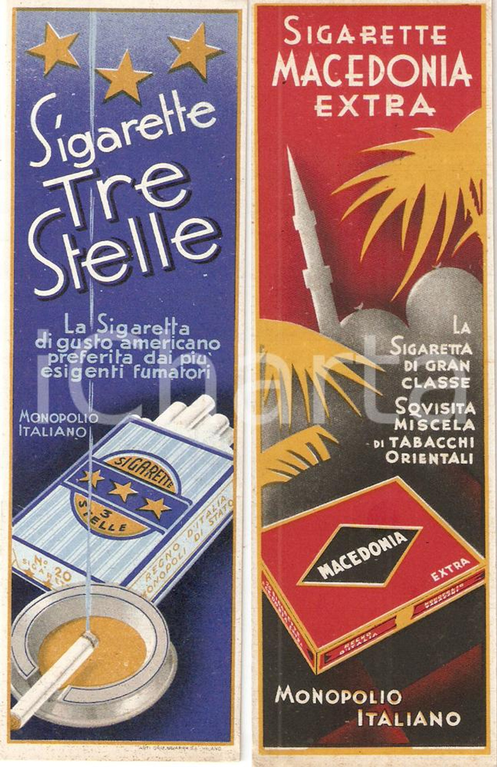 Oggetto da collezione cartaceo 1940 ca Sigarette coloniali TRE STELLE MACEDONIA EXTRA Segnalibro 1