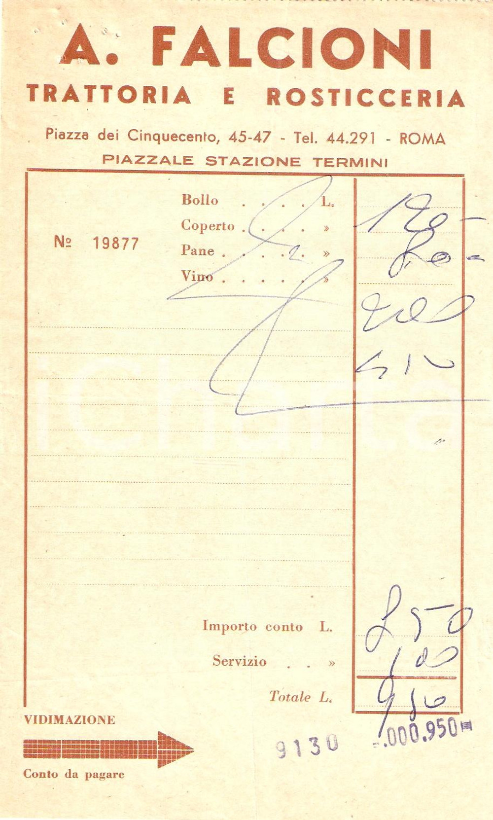 Materiale pubblicitario d’epoca 1960 ca ROMA Rosticceria A. FALCIONI Trattoria Ricevuta 1
