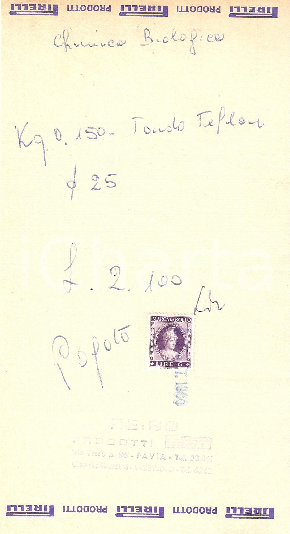 Materiale pubblicitario d’epoca 1969 PAVIA  Officina REGO Prodotti PIRELLI Ricevuta 12x22 cm 1