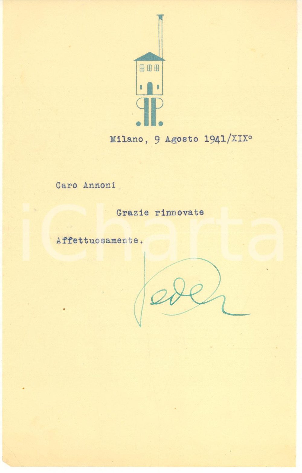 1941 MILANO Architetto Piero PORTALUPPI - Lettera ringraziamento *AUTOGRAFO Breve lettera dattiloscritta, con firma autografa, su carta intestata del celebre architetto.PAGINE: 1  FAIR/discreto piegature d'epoca Formato: 13x21 cm originale e autentica 1