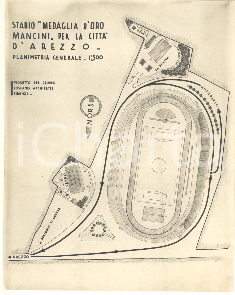 1934 AREZZO Stadio "Giuseppe MANCINI" - Foto del progetto - RARA 20x25 cm Fotografia originale d'epoca, con timbro datario al verso.FOTOGRAFO: Amedeo Pichi - Arezzo FAIR/discreto lievi piegature marginali; aloni marginali Formato: 20x25 cm originale e autentica 1