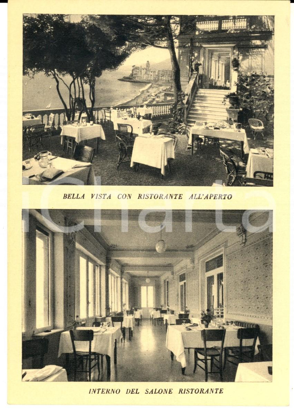 Cartolina originale da collezione 1950 ca CAMOGLI (GE) Punta Chiappa - Ristorante PESCE D'ORO Salone interno 1