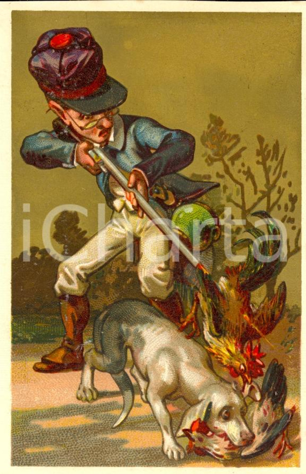 Cartolina originale da collezione 1930 ca CROMOLITOGRAFIA Il cacciatore maldestro 1