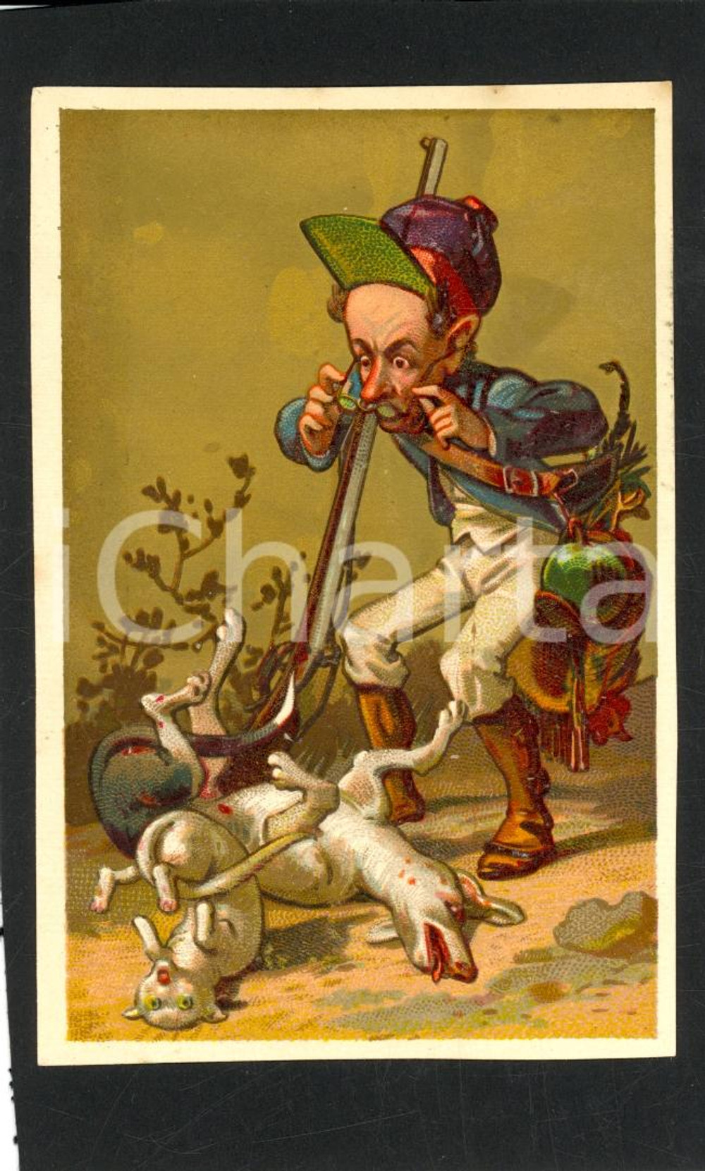 Cartolina originale da collezione 1930 ca CROMOLITOGRAFIA Il cacciatore maldestro 1