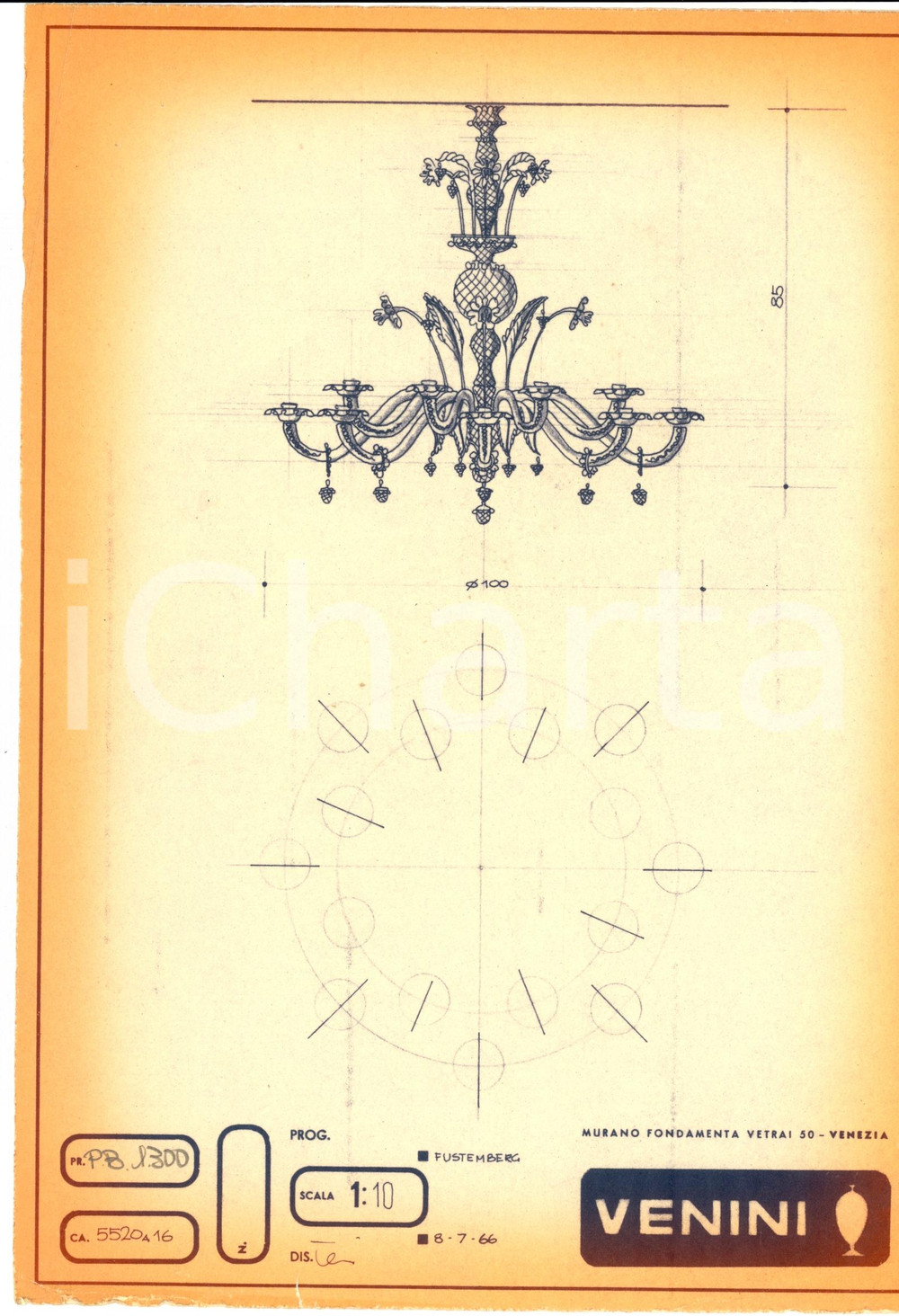 Materiale pubblicitario d’epoca 1966 MURANO VE Ditta VENINI Disegno lampadario a fiori Copia eliografica 1