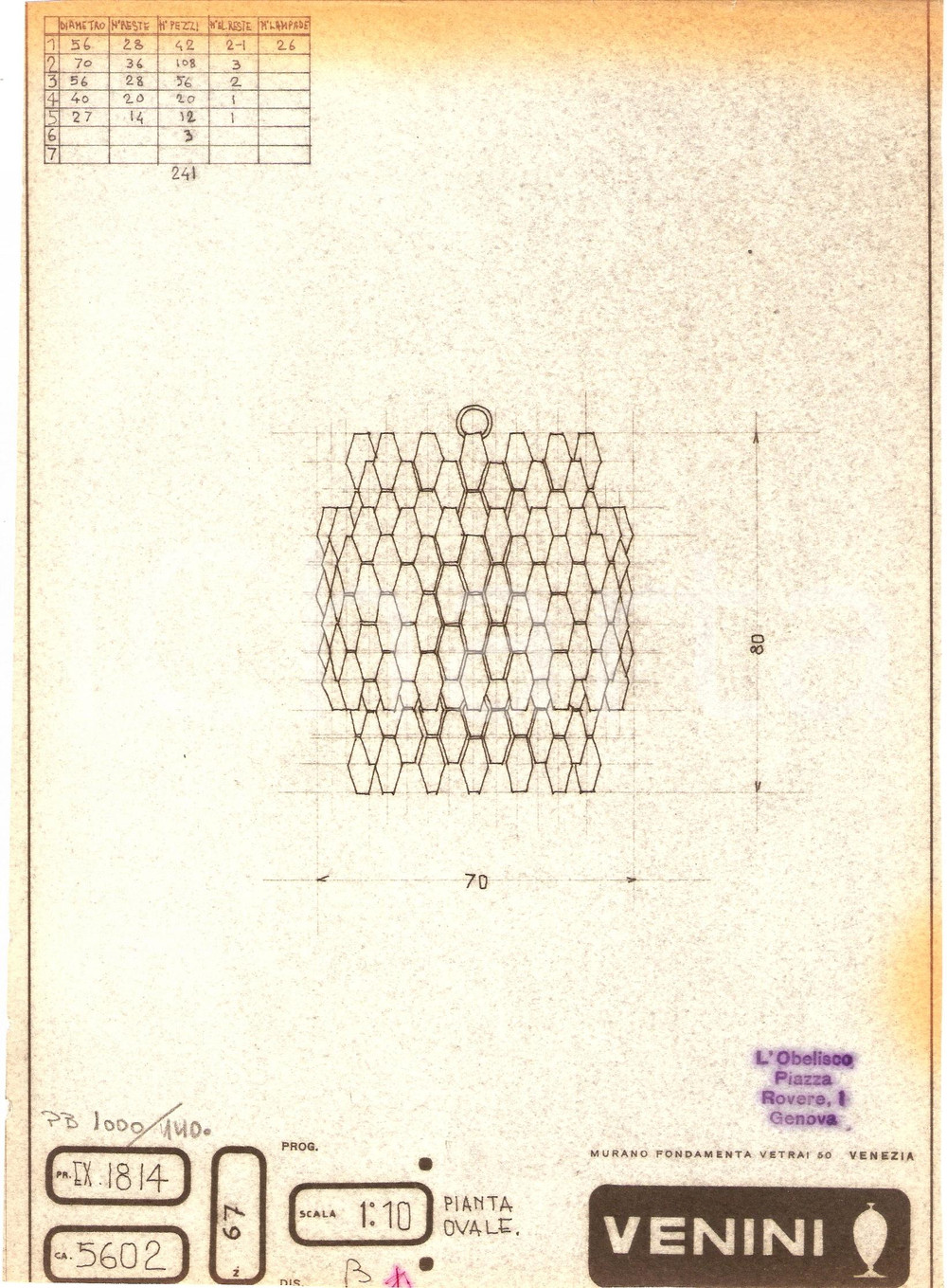 Materiale pubblicitario d’epoca 1960 ca MURANO VENEZIA Vetrai VENINI disegno tecnico lampada Copia eliografica 4 1