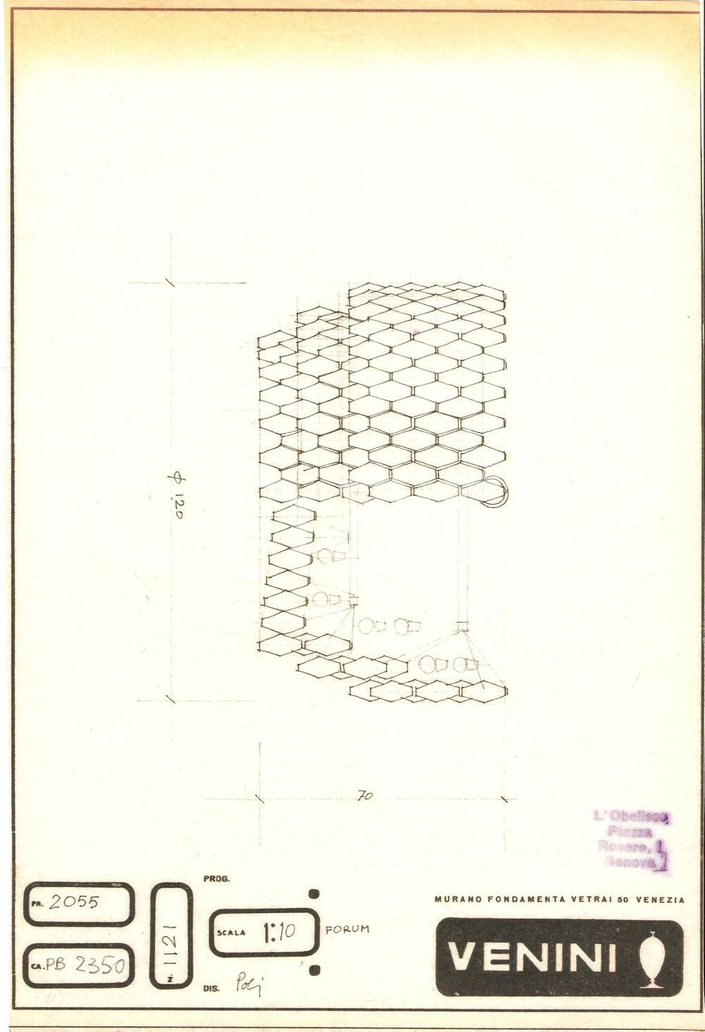 Materiale pubblicitario d’epoca 1960 ca MURANO VENEZIA Vetrai VENINI Disegno tecnico lampada Copia eliografica 7 1