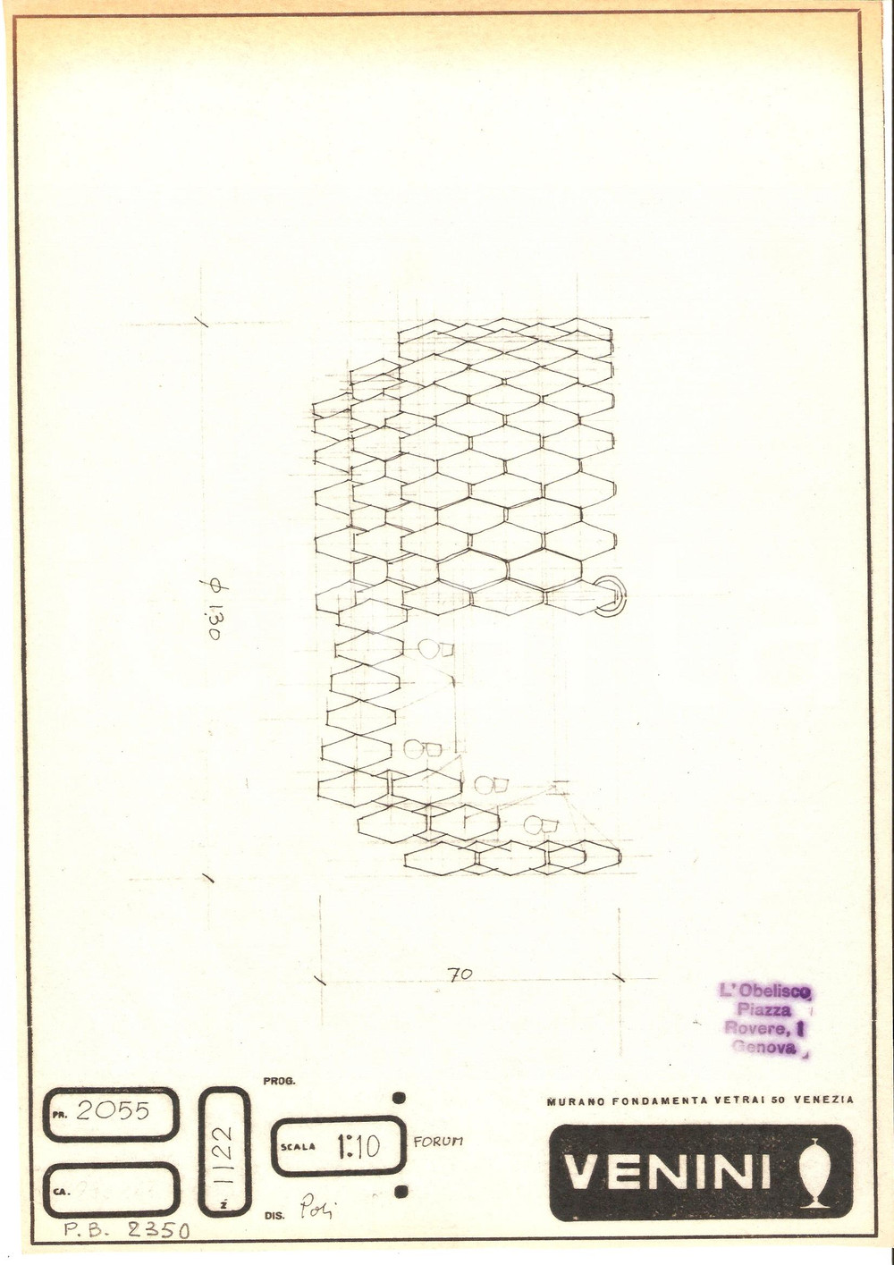 Materiale pubblicitario d’epoca 1960 ca MURANO VENEZIA Vetrai VENINI Disegno tecnico lampada Copia eliografica 8 1