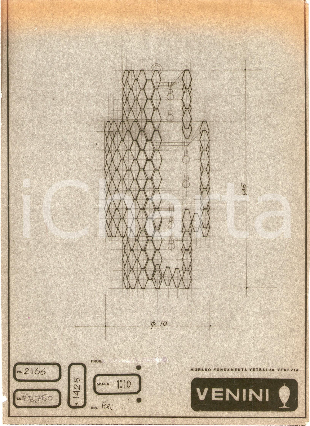 Materiale pubblicitario d’epoca 1960 ca MURANO VENEZIA vetrai VENINI disegno tecnico lampada copia eliografica 2 1