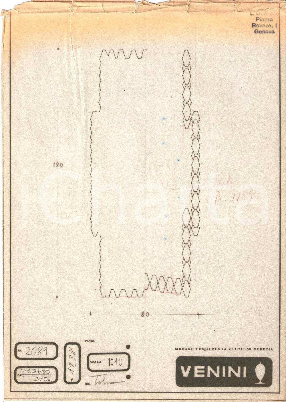 Materiale pubblicitario d’epoca 1960 ca MURANO VENEZIA Vetrai VENINI disegno tecnico lampada copia eliografica 3 1