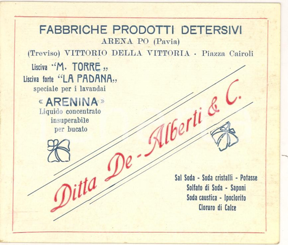 Oggetto da collezione cartaceo 1930 ca ARENA PO PV Prodotti detersivi DE ALBERTI & C. 2 1