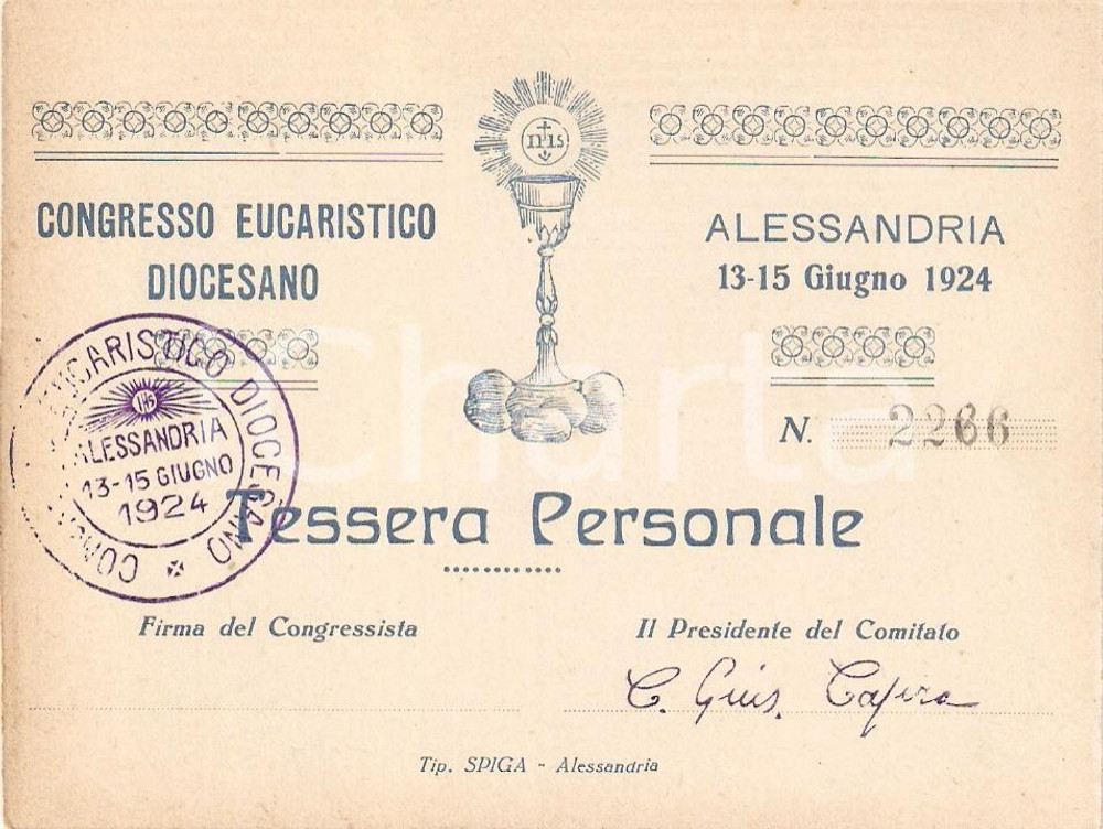 Oggetto da collezione cartaceo 1924 ALESSANDRIA Congresso Eucaristico Diocesano Tessera personale 1