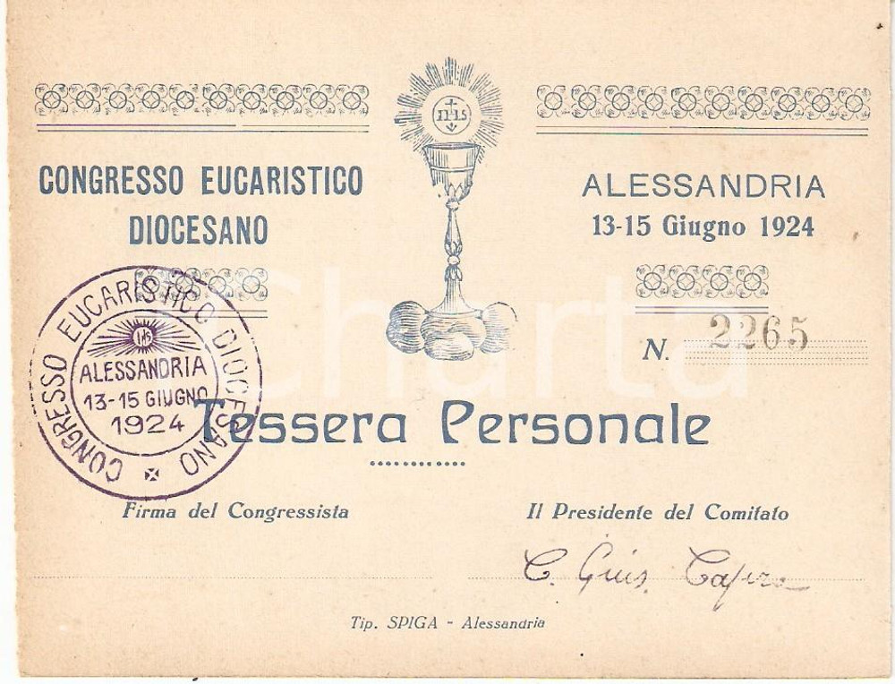 Oggetto da collezione cartaceo 1924 ALESSANDRIA Congresso Eucaristico Diocesano Tessera personale 1