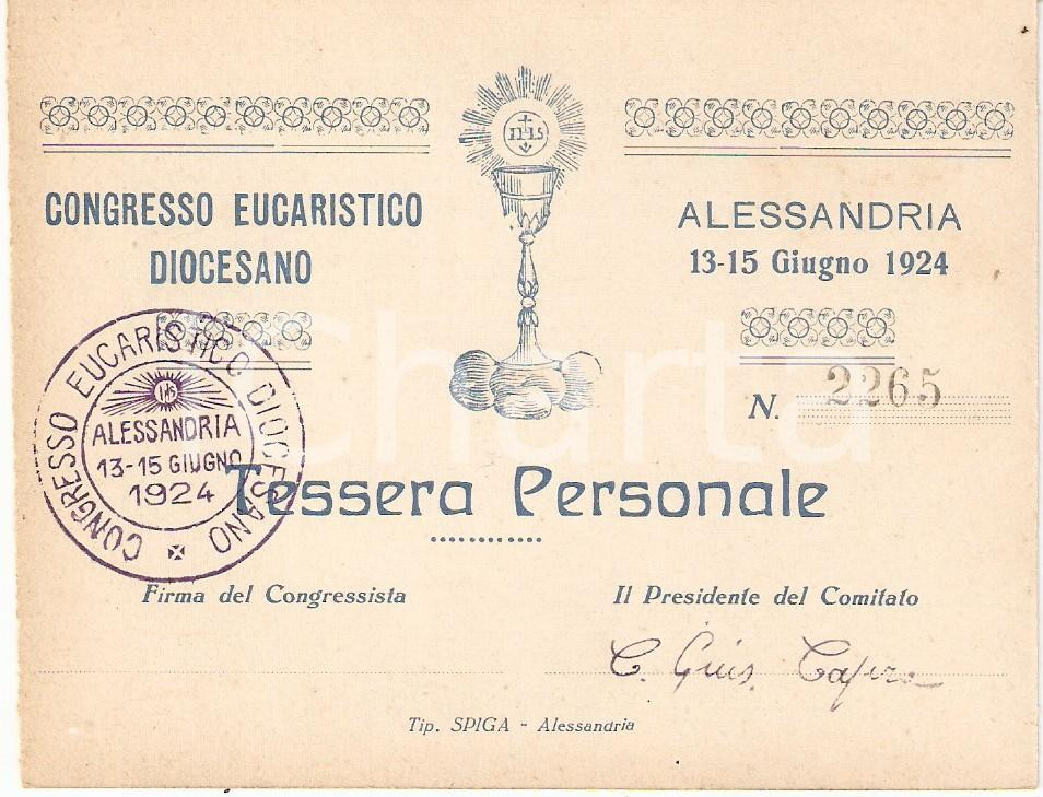 Oggetto da collezione cartaceo 1924 ALESSANDRIA Congresso Eucaristico Diocesano Tessera personale 1