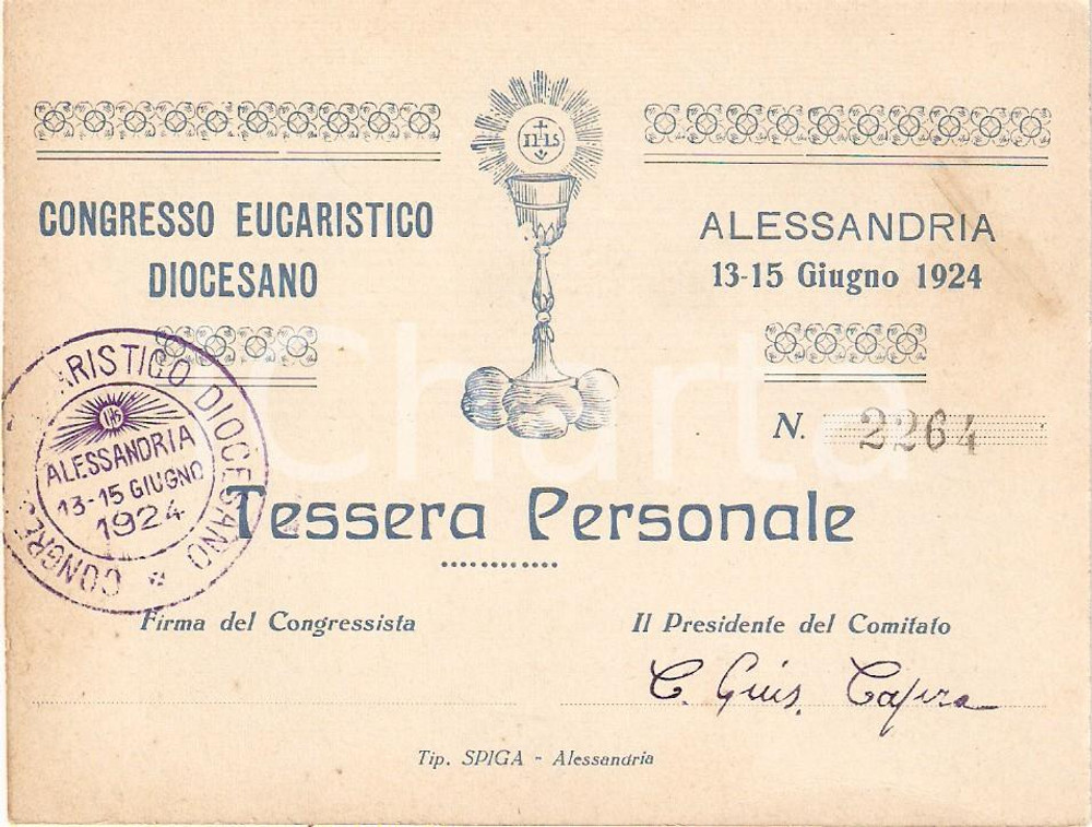 Oggetto da collezione cartaceo 1924 ALESSANDRIA Congresso Eucaristico Diocesano Tessera personale 1