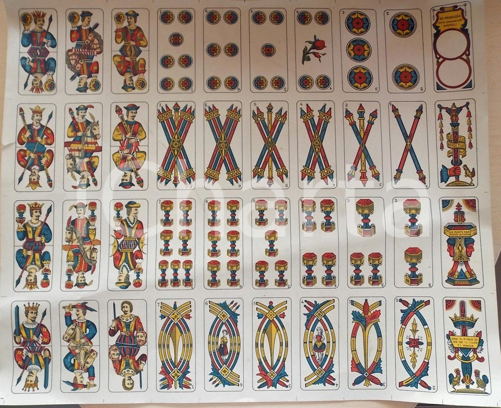 Documento originale, autentico 1940 ca NAPOLI Carte da gioco napoletane ed. PIGNALOSA Foglio intero 50x40 cm 1