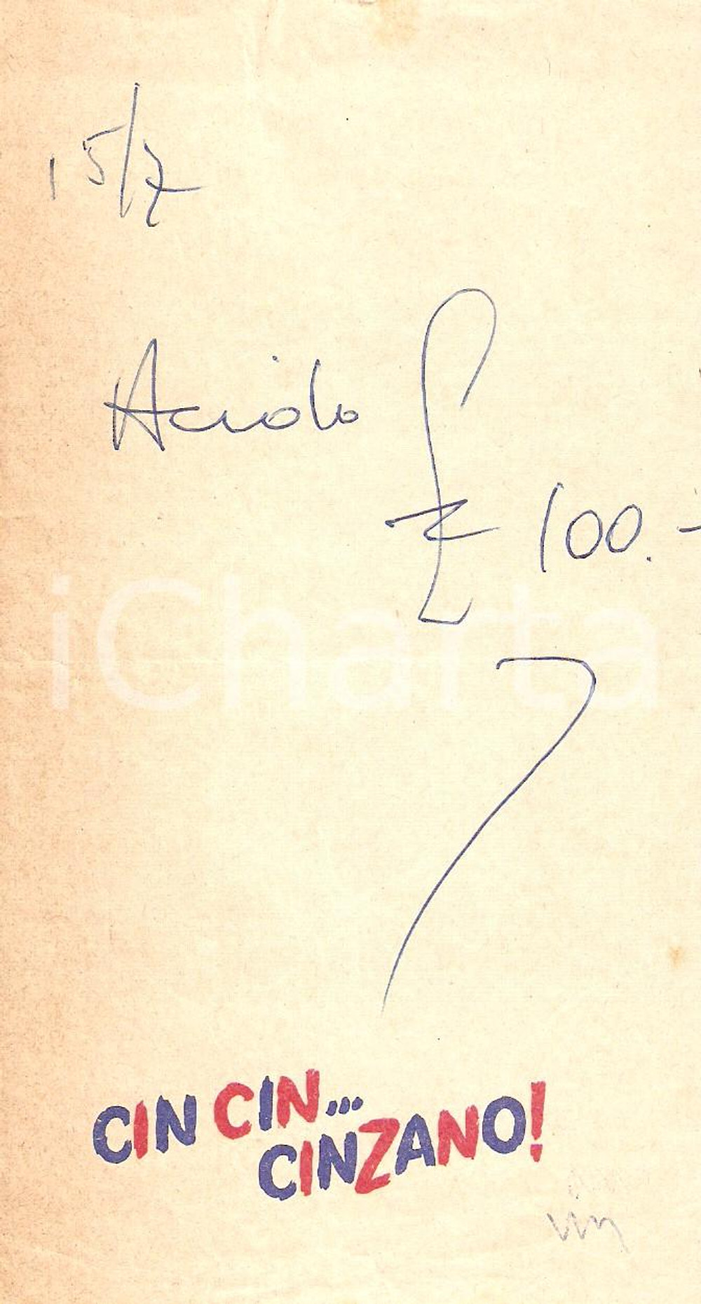 Materiale pubblicitario d’epoca 1960 ca PUBBLICITA  Cin cin... CINZANO! Ricevuta ILLUSTRATA 8x16 cm 1