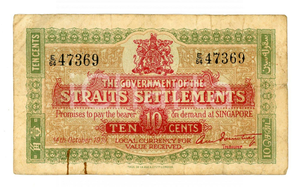 Oggetto da collezione cartaceo 1919 SINGAPORE Government of STRAITS SETTLEMENTS Ten cents 1