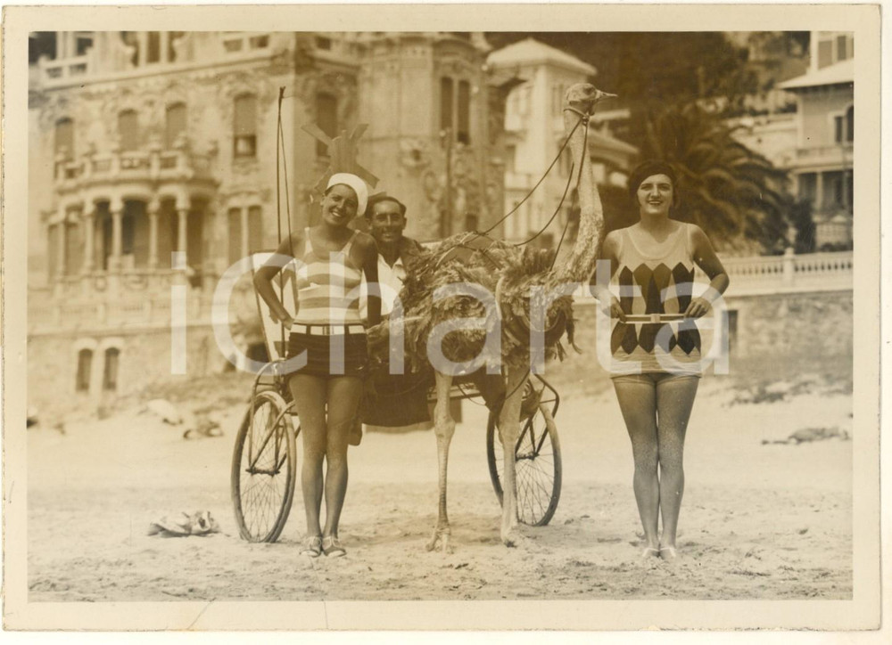 1925 ca ALASSIO Bagnanti con struzzo dell'allevatore sardo Franco MELONI *Foto Fotografia originale d'epoca, con didascalia dattiloscritta al verso.FOTOGRAFO: Oscar Vianello - Sanremo POOR/danneggiato vasto alone; segni al lato inferiore Formato: 18x13 cm originale e autentica 1