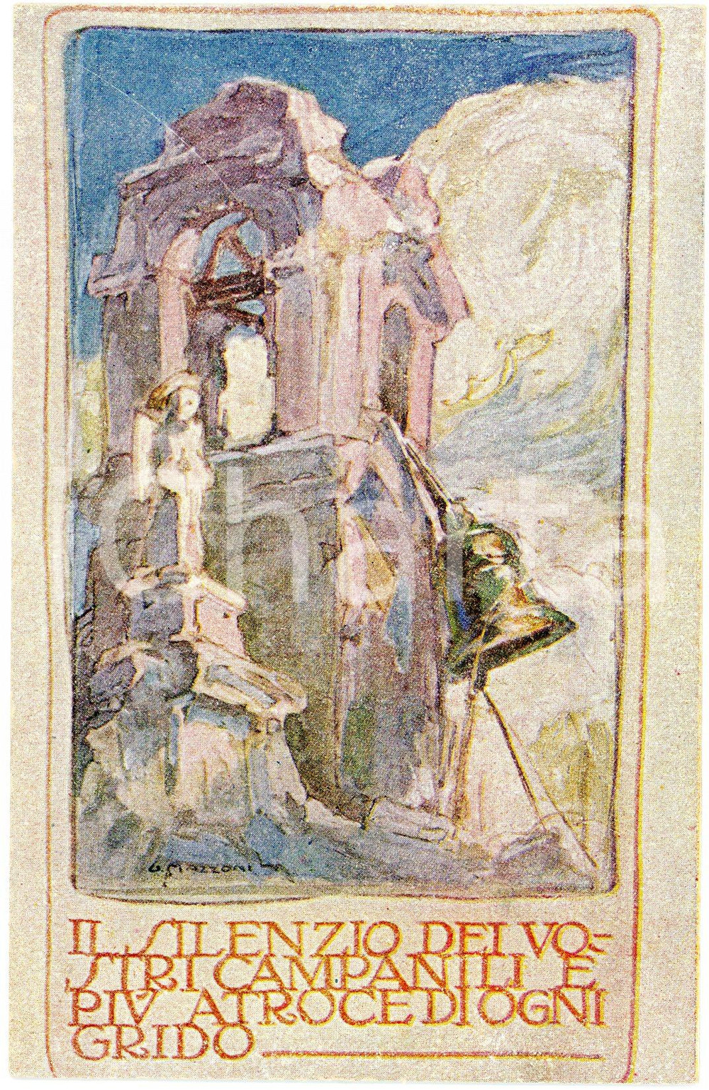 1915 ca WW1 Artista G. MAZZONI Il silenzio dei vostri campanili - Cartolina  Cartolina postale d'epoca, non viaggiata. GOOD/buono  Formato: 9x14 cm originale e autentica 1