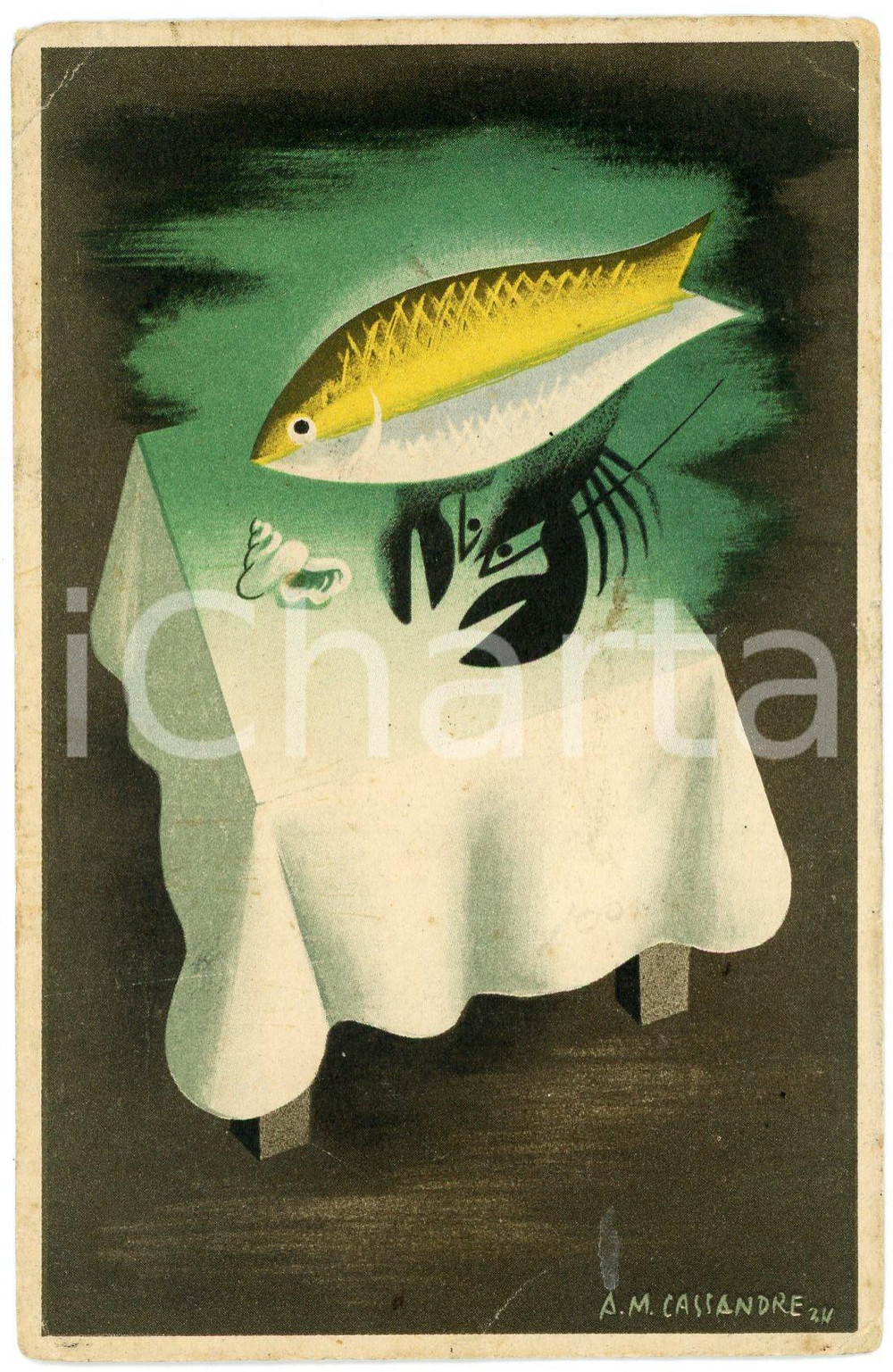 1934 PARIS Maison PRUNIER - Carte publicitaire illustration A. M. CASSANDRE 2  Pregevole cartolina pubblicitaria, con illustrazione al recto dell'artista Cassandre (Adolphe Jean Marie Mouron).CONDIZIONI: F (piegature angolari e lievi macchie al verso)FORMATO: 9x14 cm    originale e autentica 1
