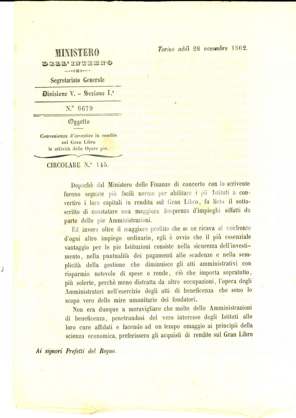Documento originale, autentico 1862 TORINO OPERE PIE Convenienza d'investire in rendite sul Gran Libro (2) 1