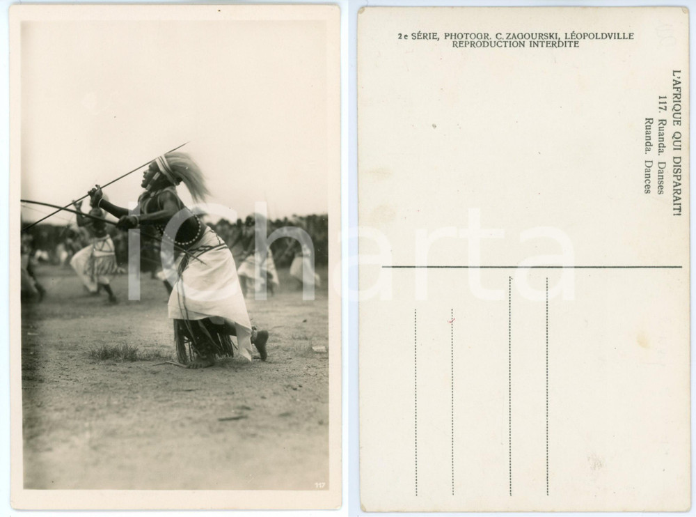 1930 ca C. ZAGOURSKI «L'Afrique qui disparaît» RUANDA Danses - Postcard n.117  Fotocartolina postale d'epoca, appartenente alla 2^ serie «L'Afrique qui disparaît» del fotografo Casimir Zagourski (Léopoldville).N° 117, non viaggiata. GOOD/buono  Formato: 9x14 cm originale e autentica 1