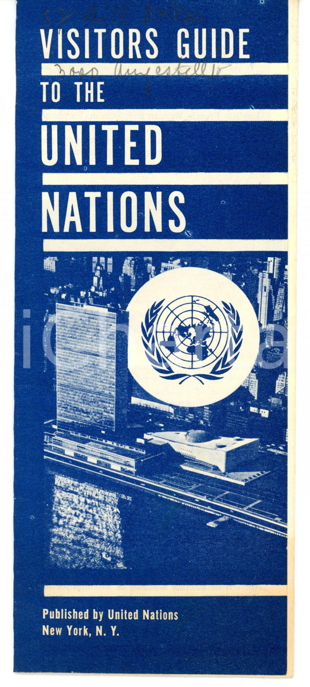 1955 ca UNITED NATIONS Visitors guide ^Pieghevole illustrato 9x21 cm Pieghevole pubblicitario d'epoca.  FAIR/discreto annotazioni a matita Formato: 9x21 cm originale e autentica 1
