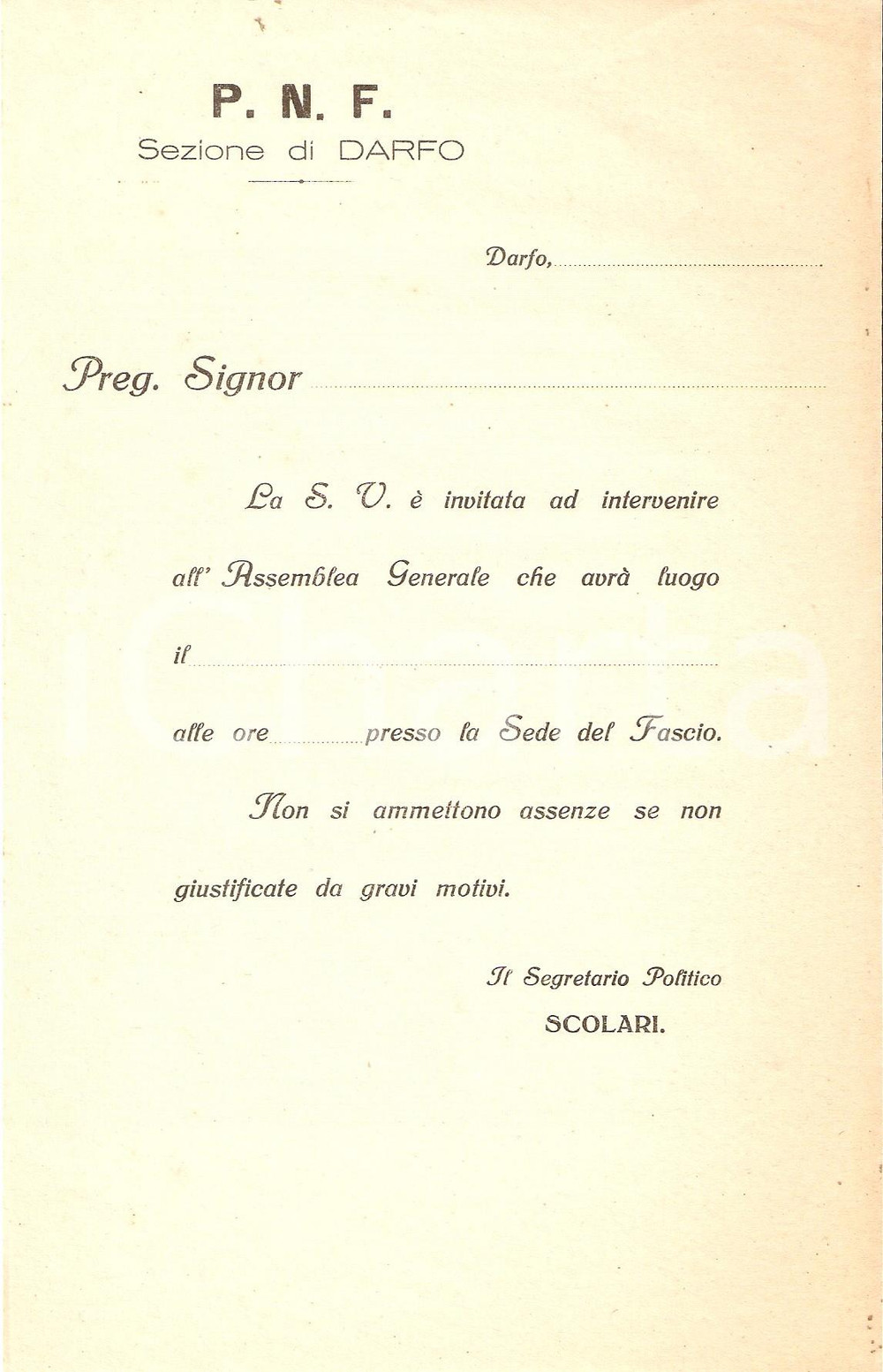 Oggetto da collezione cartaceo 1930 ca DARFO BS Invito assemblea generale PNF Modulo in bianco 14x23 3 1