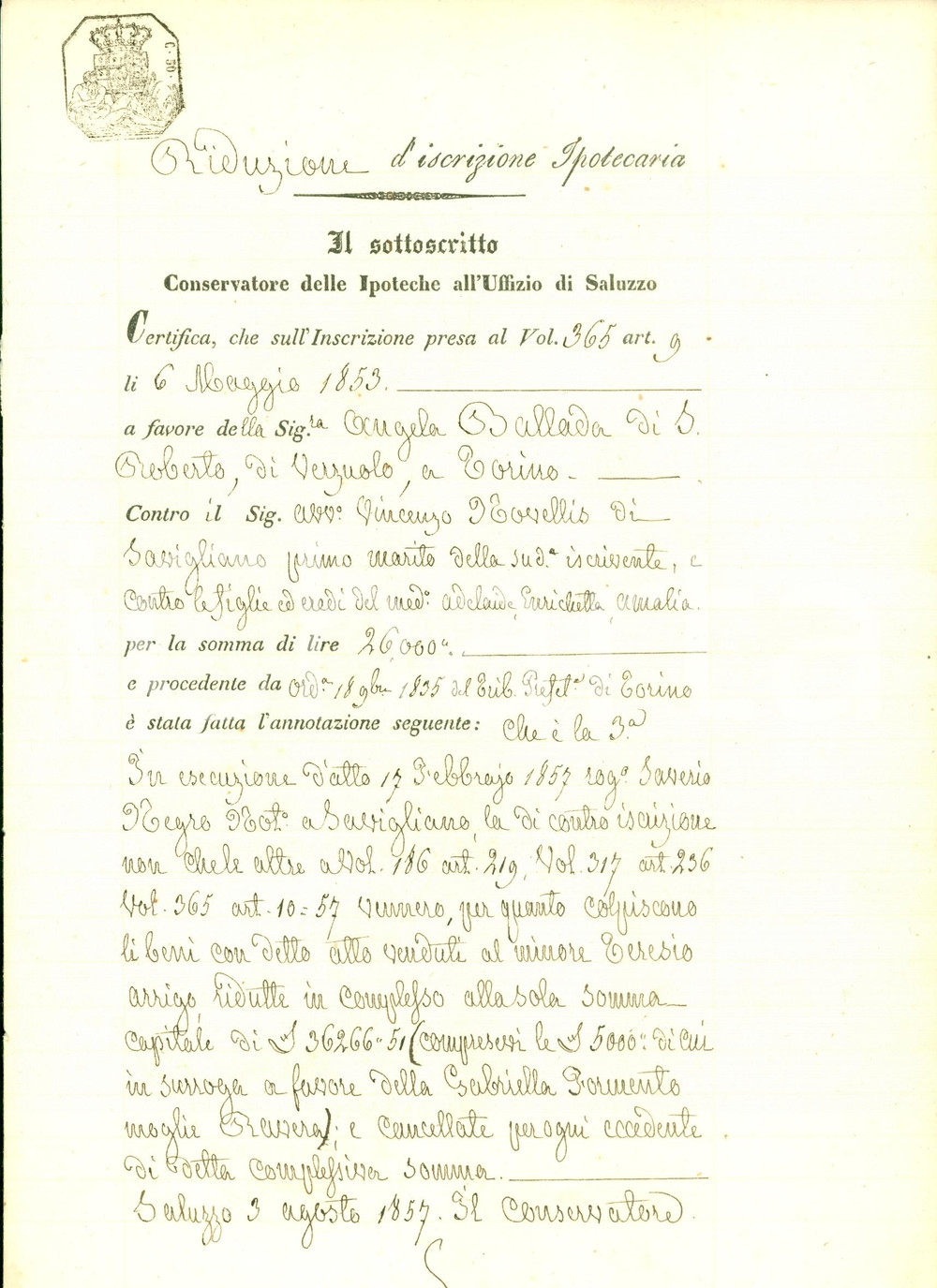 Documento originale, autentico 1857 SAVIGLIANO Teresio ARRIGO acquista beni Angela BALLADA DI SAINTROBERT 3 1