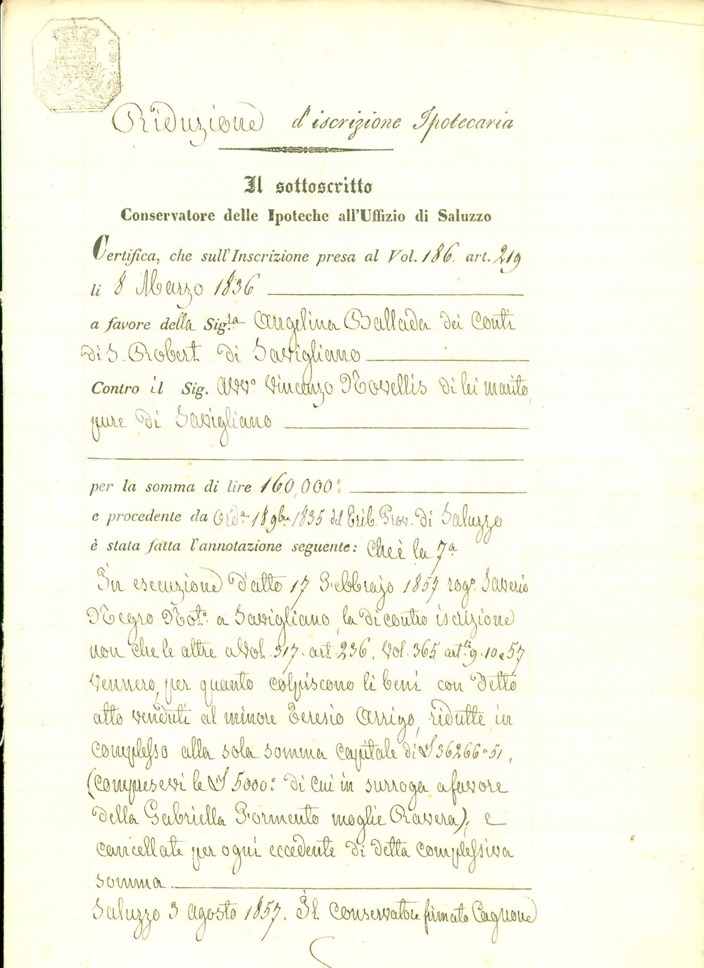 Documento originale, autentico 1857 SAVIGLIANO Teresio ARRIGO acquista beni Angela BALLADA DI SAINTROBERT 4 1