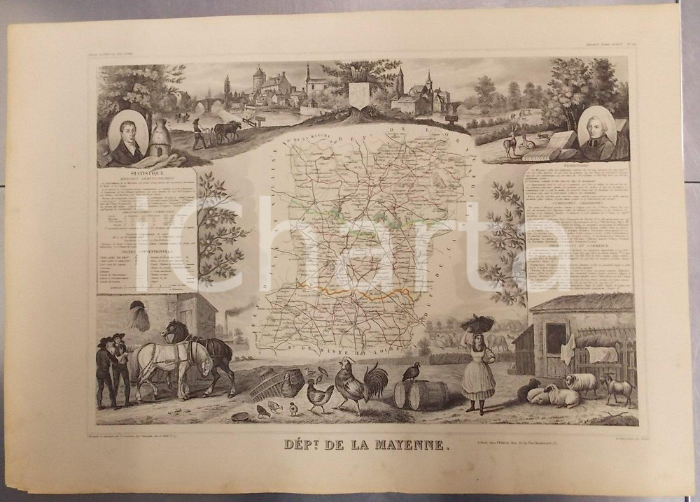 Stampa, bozzetto originale 1861 PARIS Atlas National de la France illustré  Département MAYENNE n. 52 2 1