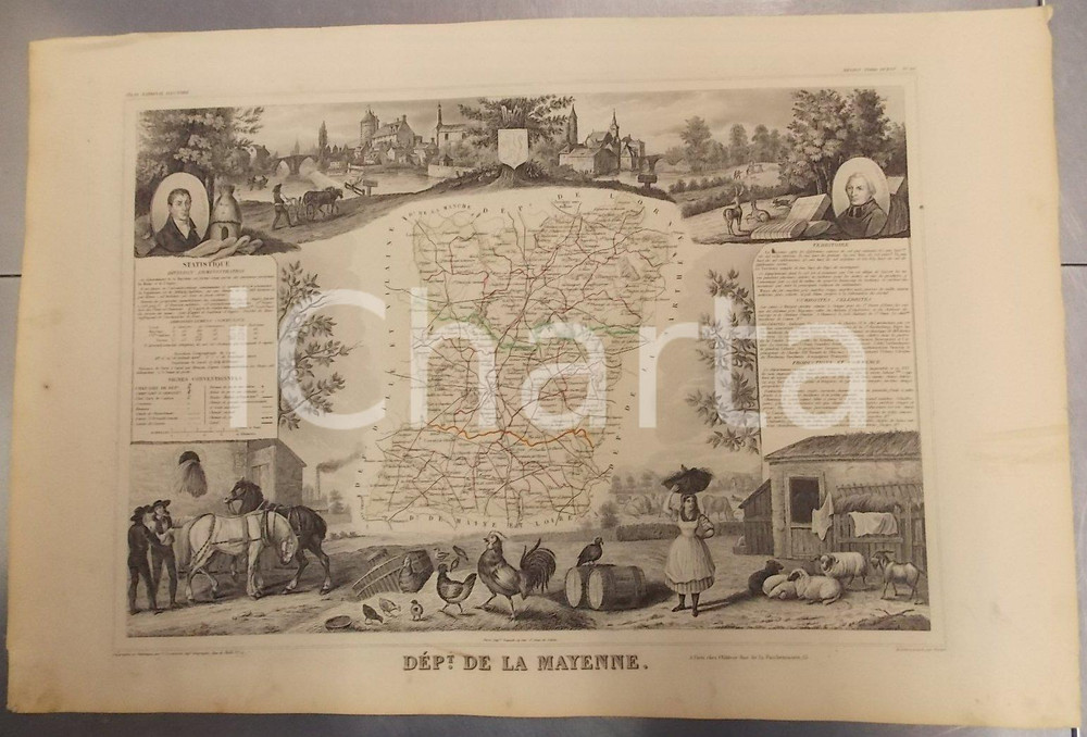 Stampa, bozzetto originale 1861 PARIS Atlas National de la France illustré  Département MAYENNE n. 52 3 1