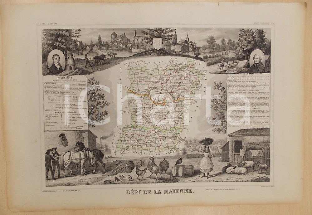 Stampa, bozzetto originale 1861 PARIS Atlas National de la France illustré - Département MAYENNE n. 52 5 1